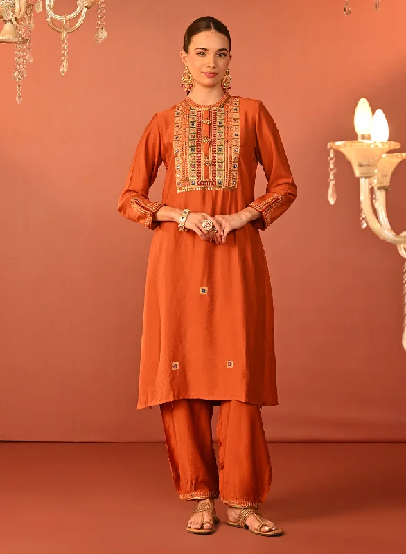 Arshia Chrome Rust Embroidered Rayon Co-ord Set for Women