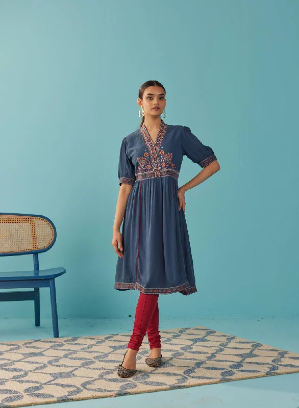 Blue A Line Dress with Puffed Sleeve and Stylized Neck