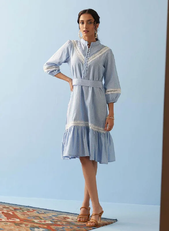 Blue Dress for Women with Button Detailing and Puffed Sleeves