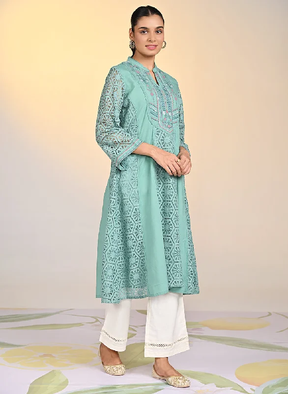 Fariha Carnation Green Embroidered Raschel
Net Dress for Women