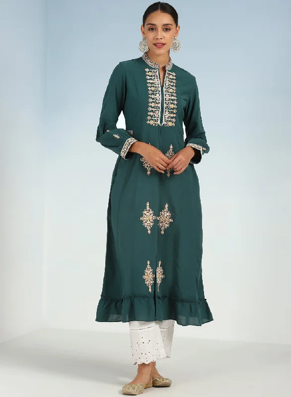 Green Long Geometrical Embroidered Dress with Frilled Hem