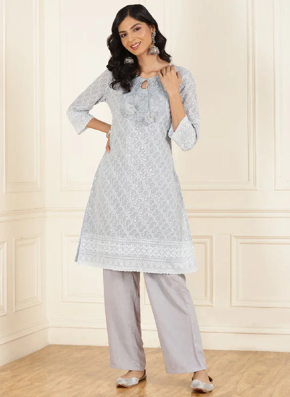 Light Blue Schiffli Embroidered Straight Kurta Set with Tassels