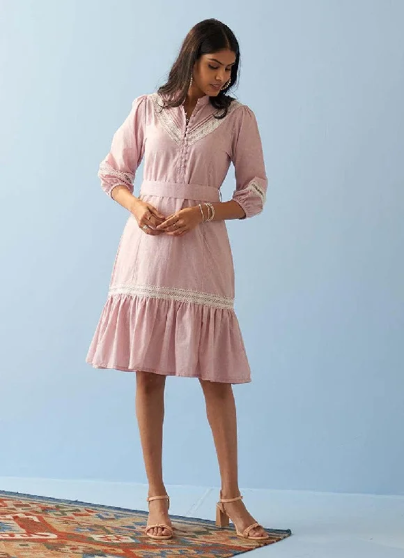 Pink Dress for Women with Button Detailing and Puffed Sleeves