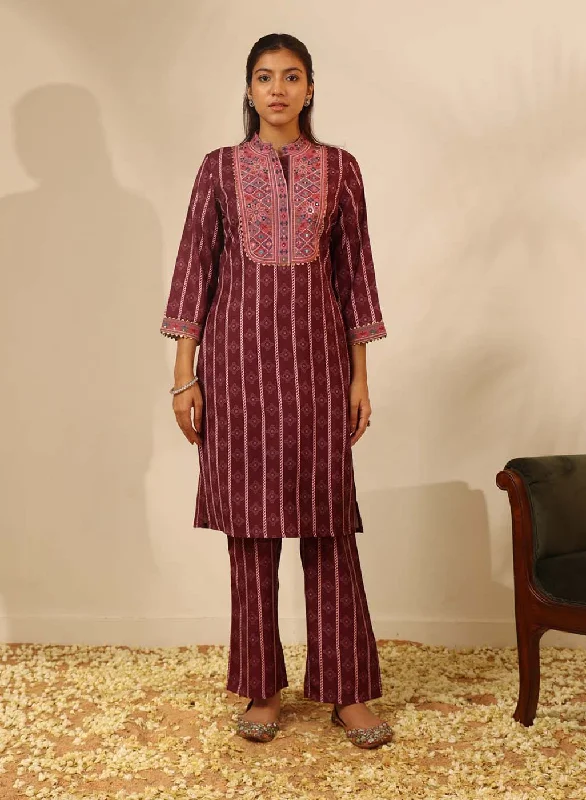 Wine Striped Kurta Set with Mirrorwork