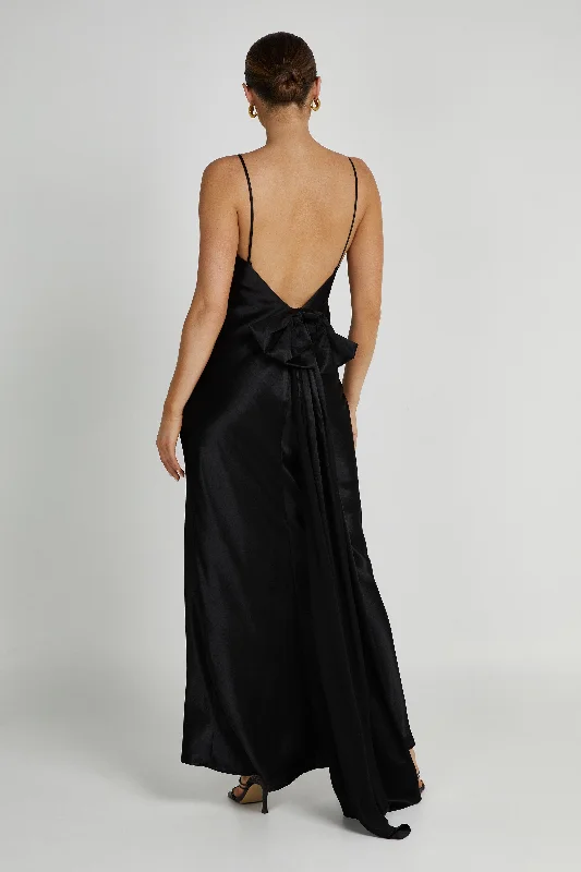 Kailey Low Back Maxi Dress With Detachable Bow Train - Black