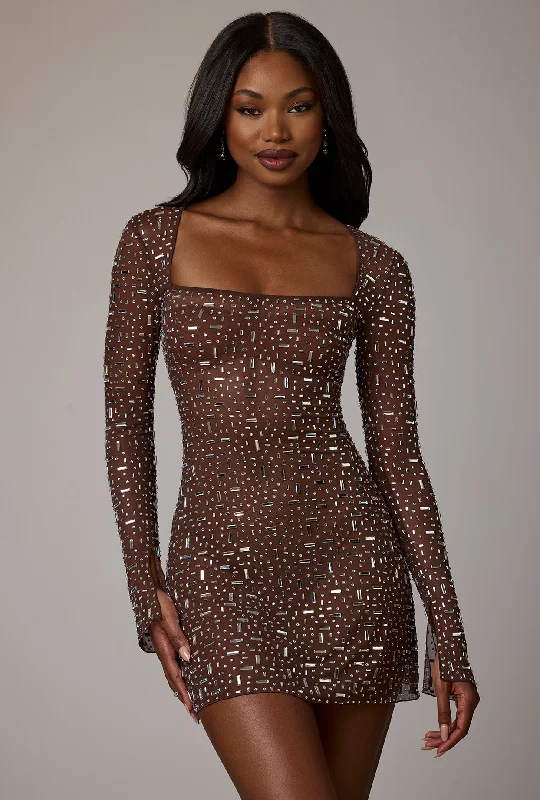 Sheer Embellished Long Sleeve A-Line Mini Dress in Deep Cocoa