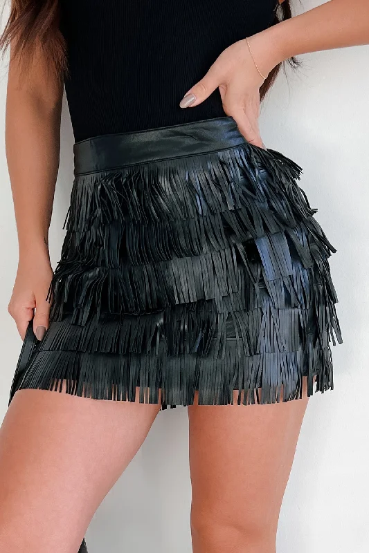 On The Fringes Faux Leather Fringe Skirt (Black)