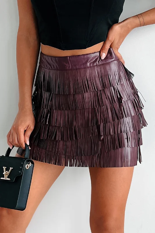 On The Fringes Faux Leather Fringe Skirt (Wine)