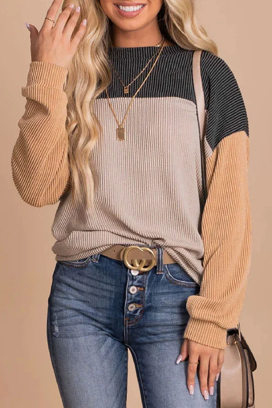 Color Block Long Sleeve Ribbed Loose Top