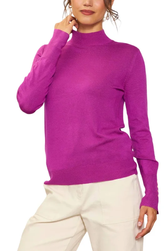 Mock Neck With Gold Button Sleeve Sweater In Magenta