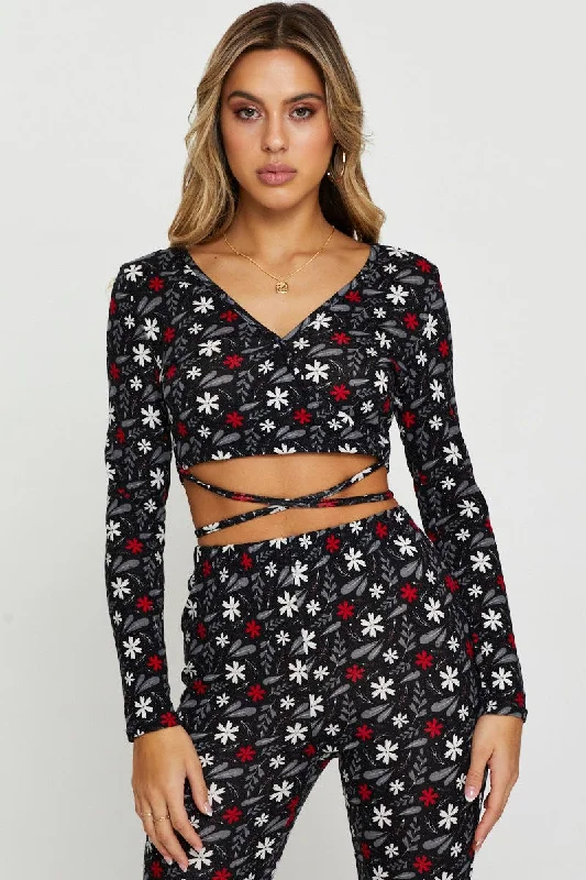 Print Crop Top Long Sleeve