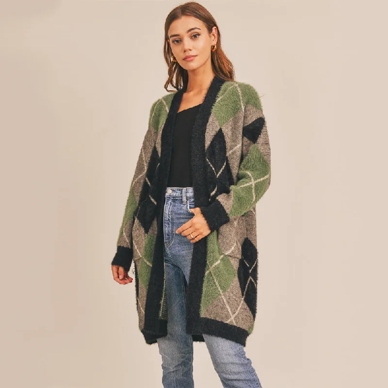 Fuzzy Plaid Jacquard Cardigan (Green Multi)