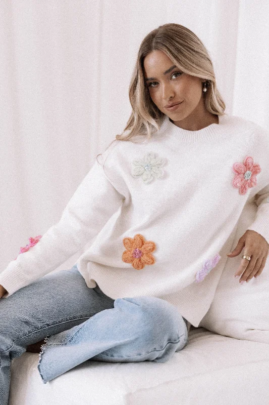 Ronnie Embroidered Flower Sweater - Cream